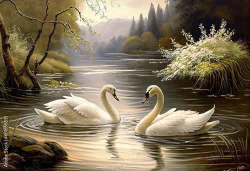 Tranquil River Scene: Graceful Swans and Flowing Water in Elegant and Serene Surroundings, generative AI