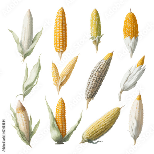 Set of Watercolor Corn collections with isolated white background