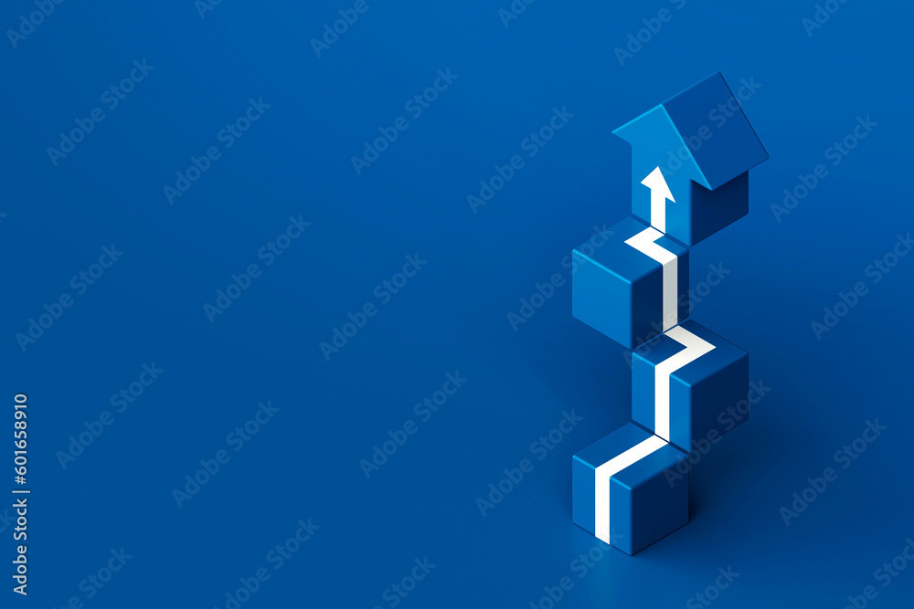 White arrow up with blue stair cube shape, 3D arrow climbing up over a staircase , 3d stairs with arrow going upward, 3d rendering