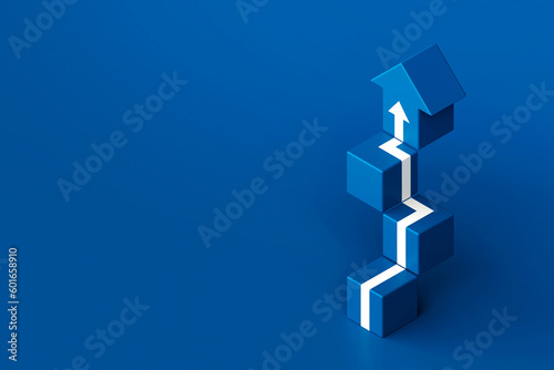 Obraz na płótnie White arrow up with blue stair cube shape, 3D arrow climbing up over a staircase , 3d stairs with arrow going upward, 3d rendering w salonie