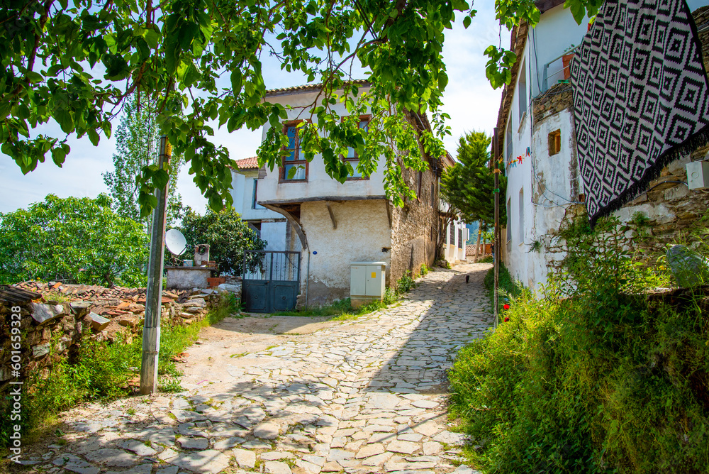Narrow streets in a Turkish city on a summer and sunny day with old and masonry wooden houses.