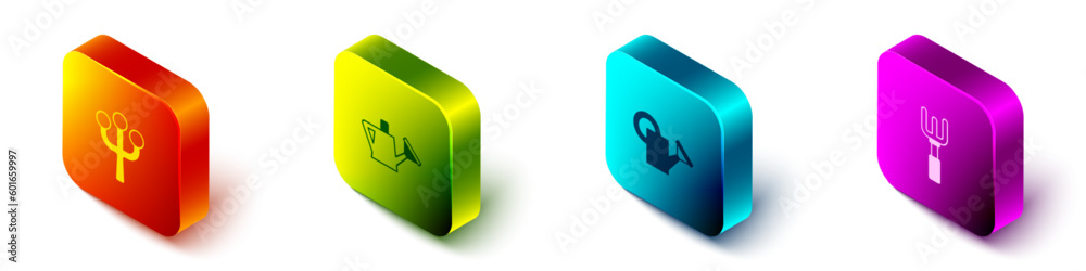Set Isometric Blossom tree branch, Watering can, and Garden rake icon. Vector Set Isometric Blossom tree branch, Watering can, and Garden rake icon. Vector