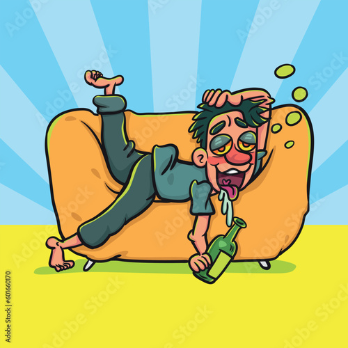 Cartoon drunk man with bottle lying on a sofa. Illustration cartoon for background or postcard, poster, t shirt, ceramic mug, vector stock.  