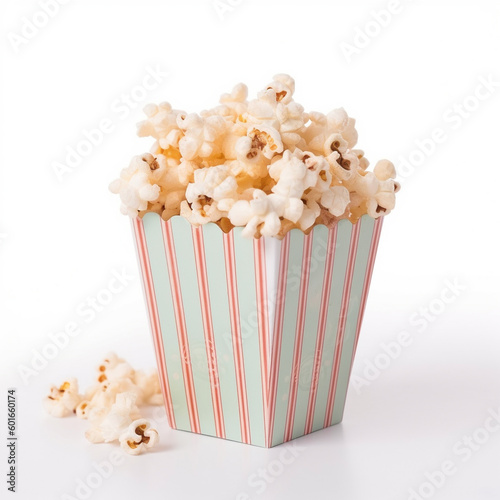 Popcorn in striped bucket isolated on white backgroun