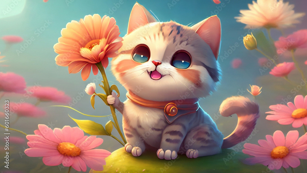 Adorable happy cat in the flowers garden, Fantasy art