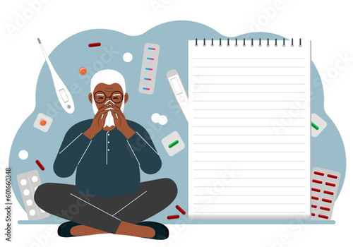 A sick old man with a runny nose holds a handkerchief. Nearby there are a lot of medicines, pills, thermometers and a large notebook for notes.