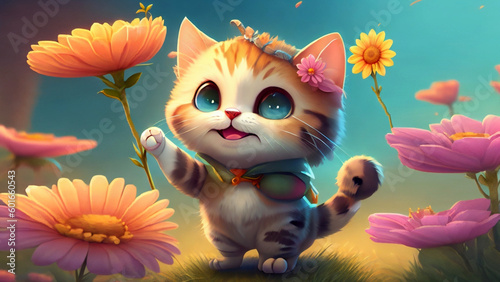 Adorable happy cat in the flowers garden, Fantasy art