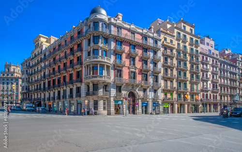 Street view with beautiful buildings in Barcelona city