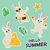 Summer sticker pack with rabbit. Cute cartoon bunny collection. Summer time vector illustration