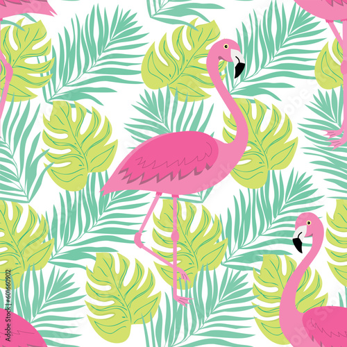 Seamless summer pattern with flamingo. Tropical trendy seamless pattern. Design for fabric, wallpaper, textile and decor. © SaturnO_27