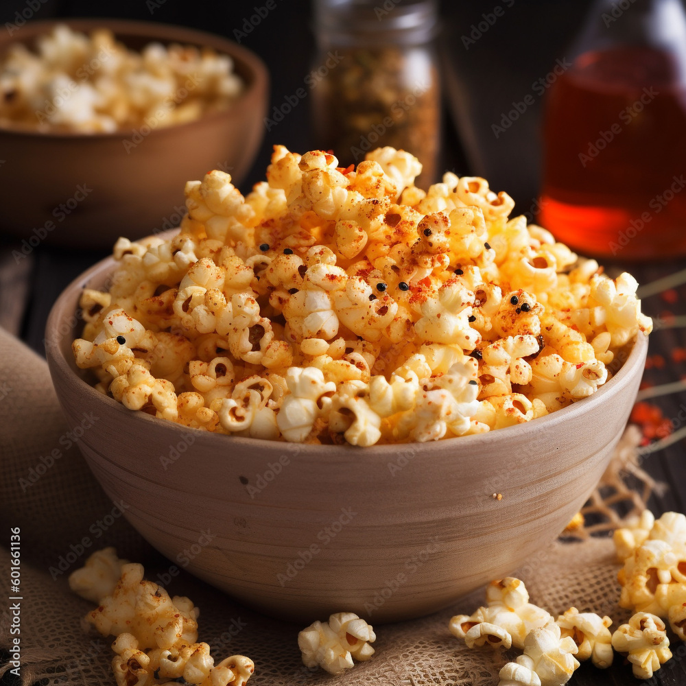 Seasoned spicy popcorn served in bowl on rustic kitchen table Seasoned spicy popcorn served in bowl on rustic kitchen table