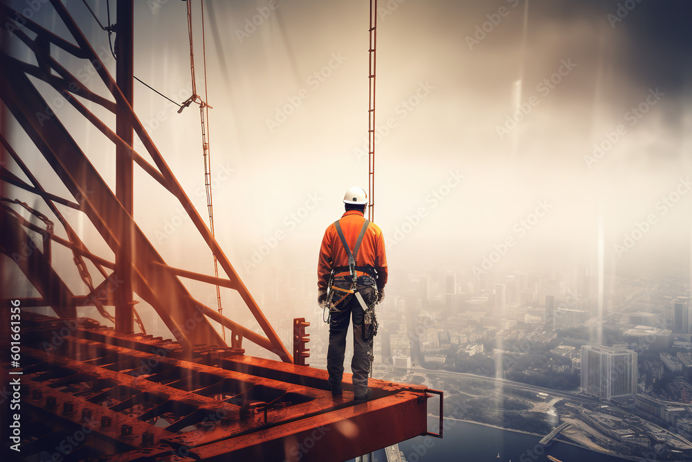 construction engineer worker at heights,architecture sci-fi construction working platform on top of building, suspended cables, fall protection and scaffolding installation