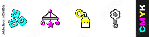 Set ABC blocks, Baby crib hanging toys, Breast pump and Rattle baby icon. Vector