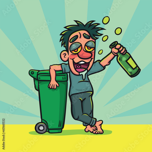 Cartoon happy drunk man with liquor bottle standing. Illustration cartoon for background or postcard, poster, t shirt, ceramic mug, vector stock.  