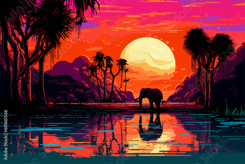 Silhouette of an elephant at a small lake in africa, at sunset, in the style of a wood carving in neon colors
