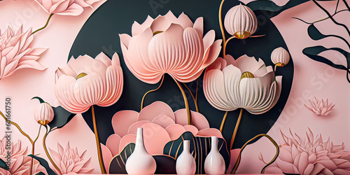 Retro Style wallpaper with Chinese lotus flowers with living room, Hobbies and leisure concept, generative ai #601661750