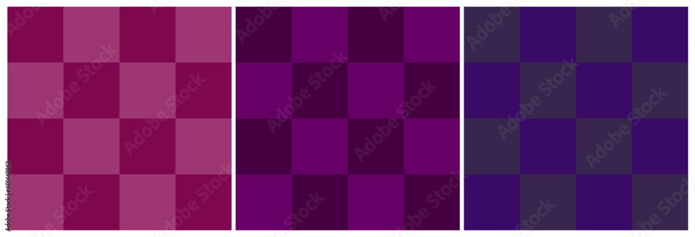 Set of the seamless patterns with colorful bright squares in blue, violet and pink colors for background, fabric, wallpaper, textile etc.