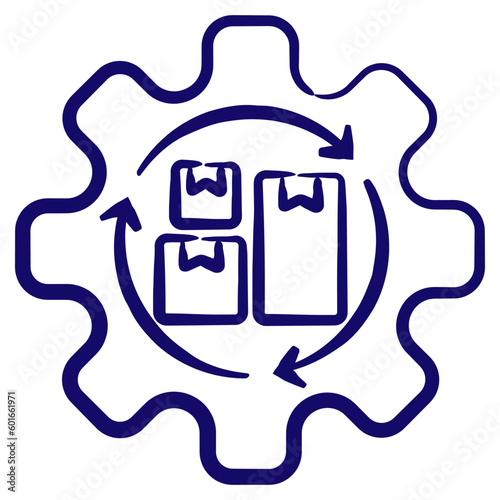 Carton boxes inside gearwheel with three cyclic arrows. Simple contour vector icon of the 3PL Logistics, order management technology, API for a delivery company etc., hand-drawn with blue brush