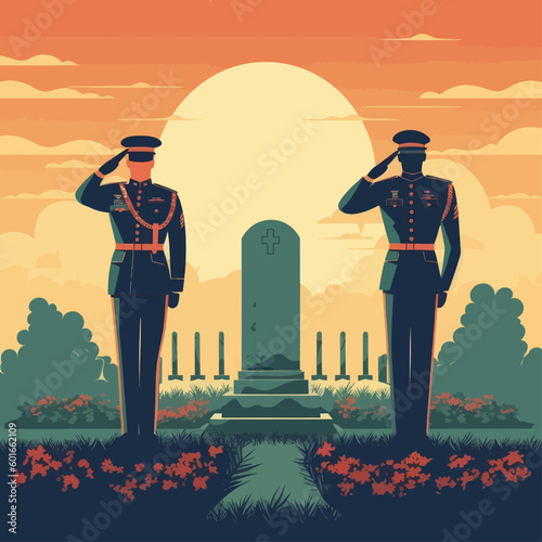 Soldiers salute the grave of a military man on Memorial Day. Vector illustration.