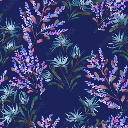 Watercolor drawing. Seamless floral pattern with bright colorful flowers and leaves. Elegant template for fashion prints. Modern floral background. Fashionable folk style.