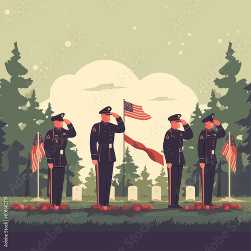 Soldiers salute the grave of a military man on Memorial Day. Vector illustration.