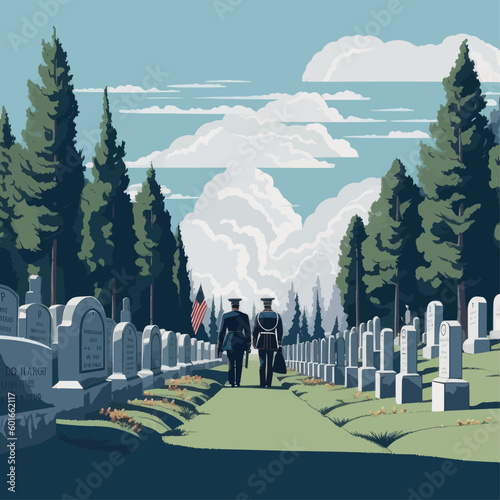 Military cemetery on Memorial Day. Vector illustration.
