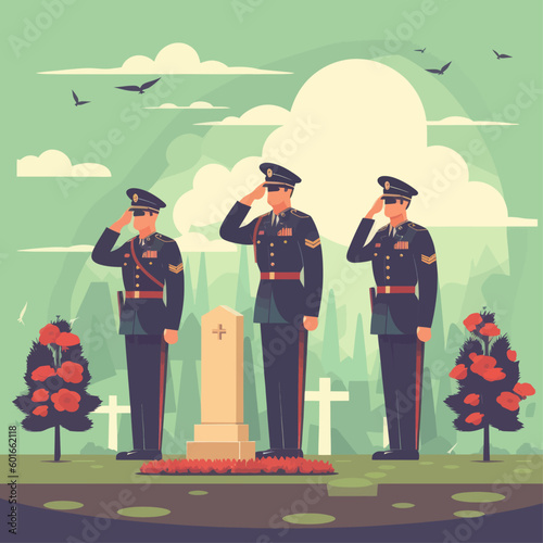 Soldiers salute the grave of a military man on Memorial Day. Vector illustration.