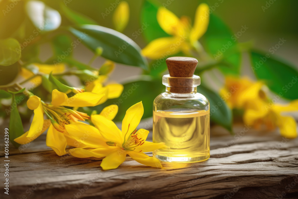 Fragrant Ylang Ylang essential oil in a tiny transparent glass bottle on a wooden table beside yellow fresh Ylang Ylang flowers also known as Cananga odorata in full bloom. Generative AI. - obrazy, fototapety, plakaty 