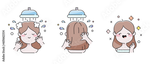 Shower Routine Illustrations. Young Woman Enjoying Hair Washing and Freshness of Daily Hygiene. Vector modern cartoon style illustrations set. Daily Shower, Shower Routine, Showering concept.