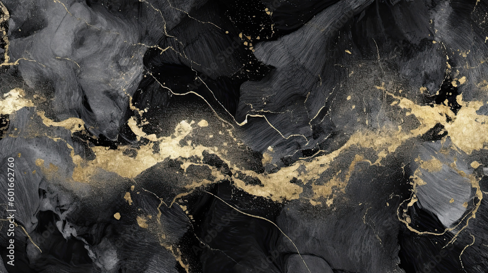 Black, Grey and Gold Veins Marble Texture Background Banner. AI generative.