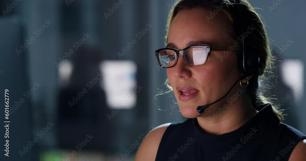 Customer service, young woman telemarketer with headset and night time in office at work. Communication or discussion, contact and female call center worker talking with client working late shift