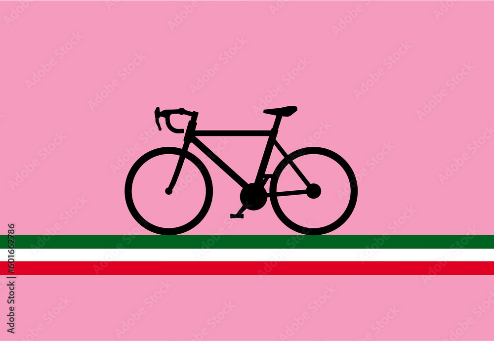 Giro d'Italia, bicycle in silhouette and the Italian flag. Pink background like the first cyclist's jersey. Emotions of the Giro d'Italia between departures and arrivals in today's stage