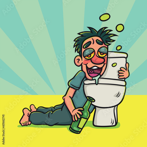 Drunk Man holding liquor bottle lying in toilet. Illustration cartoon for background or postcard, poster, t shirt, ceramic mug, vector stock.  