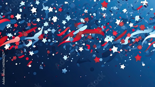 Celebration Background Template with Confetti Stars  Colorful Ribbons on Blue Background. Generative Art