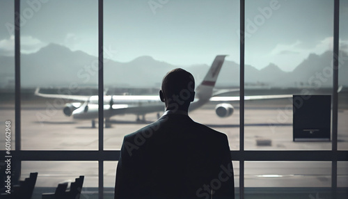 people at the airport Back view of man watching plane Ai generated image