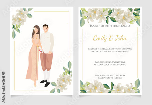 cute young Thai weddng couple in watercolor flower gardenia ornage jamine bouquet with gold glitter wreath frame wedding invitation card
