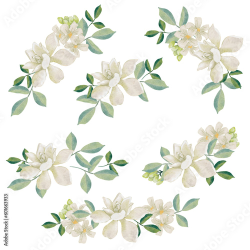 watercolor white thai flower gardenia and orange jasmine bouquet wreath frame collection © Unchalee