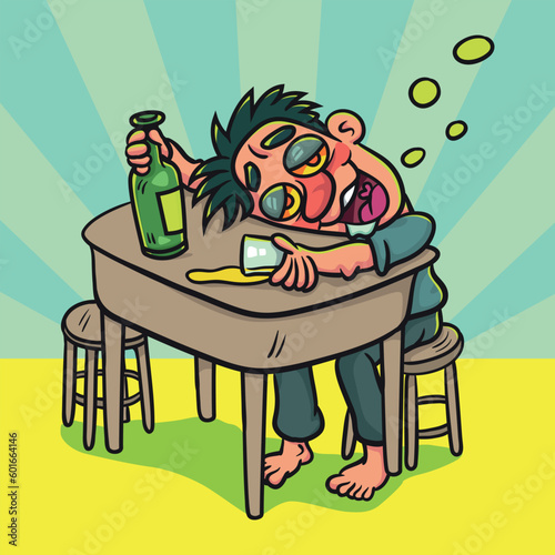 Drunk man sitting on a chair. Illustration cartoon for background or postcard, poster, t shirt, ceramic mug, vector stock.  