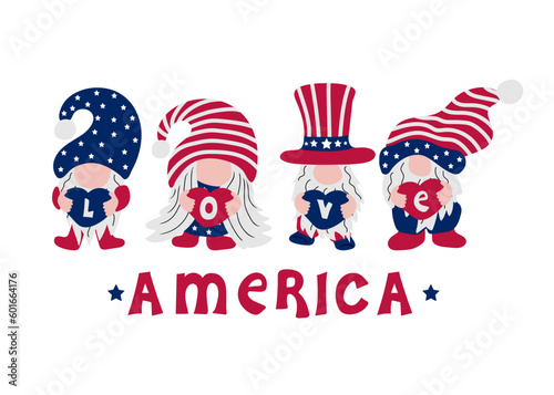 Hand drawn american patriotic gnomes holding hearts with love text.  Happy Independence day. 4th of July Day. Vector illustration for greeting card, t shirt printing