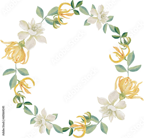 watercolor white gardenia and Thai style flower bouquet gold glitter wreath frame
