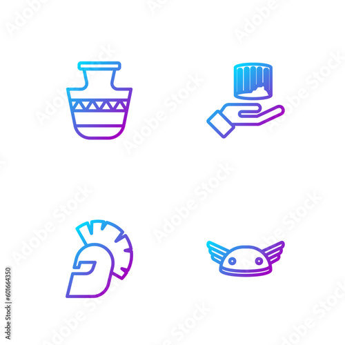 Set line Helmet with wings, Greek helmet, Ancient amphorae and column. Gradient color icons. Vector