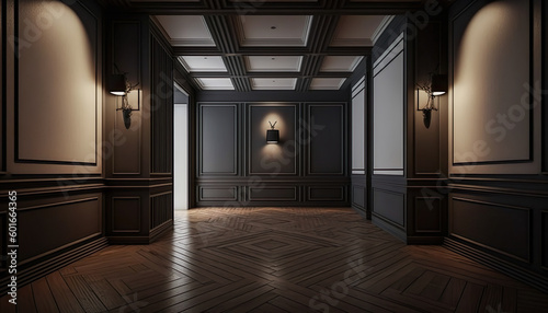 Empty Luxury Room Interior With Brown Wooden Floor  Wall Panels And Lights - Generative AI