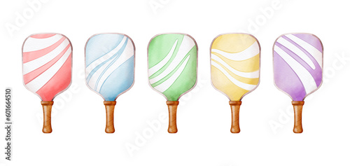 Set of different colors racquet for pickleball - blue, yellow, pink, green, violet. Graphic design