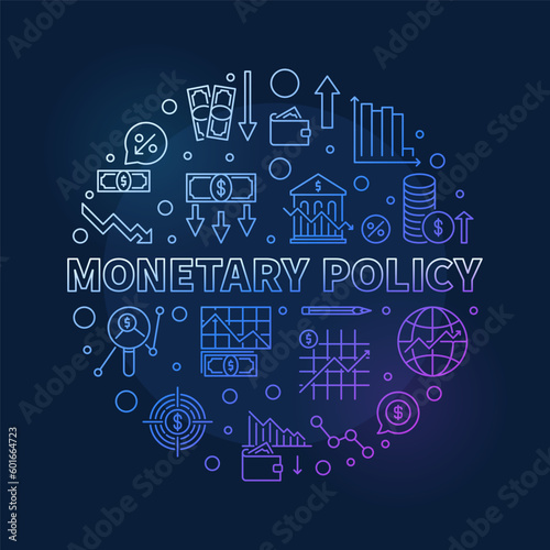 Monetary Policy round blue banner in line style. Macroeconomics vector illustration