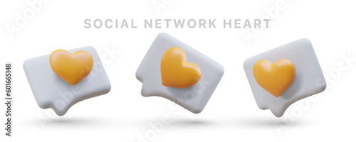 Positive reviews, comments. Likes from subscribers. 3D set of icons for social networks. Yellow hearts in speech bubbles. Sympathy in symbols. Three dimensional illustration in cartoon style