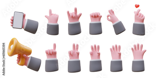 Large set of gesture 3D icons. Advertising, counting and non verbal communication with hands. Finger symbols for social networks. Clipart for posters, sites, applications. Collection in cartoon style