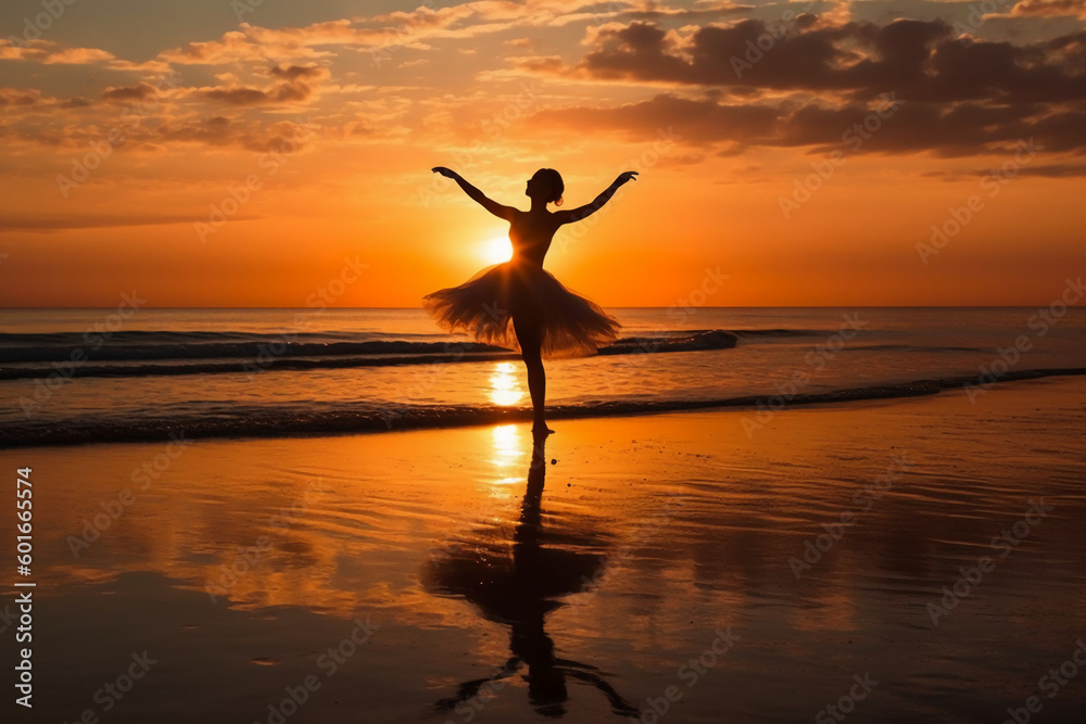 the silhouette of a ballerina on the sunset beach. AI generative