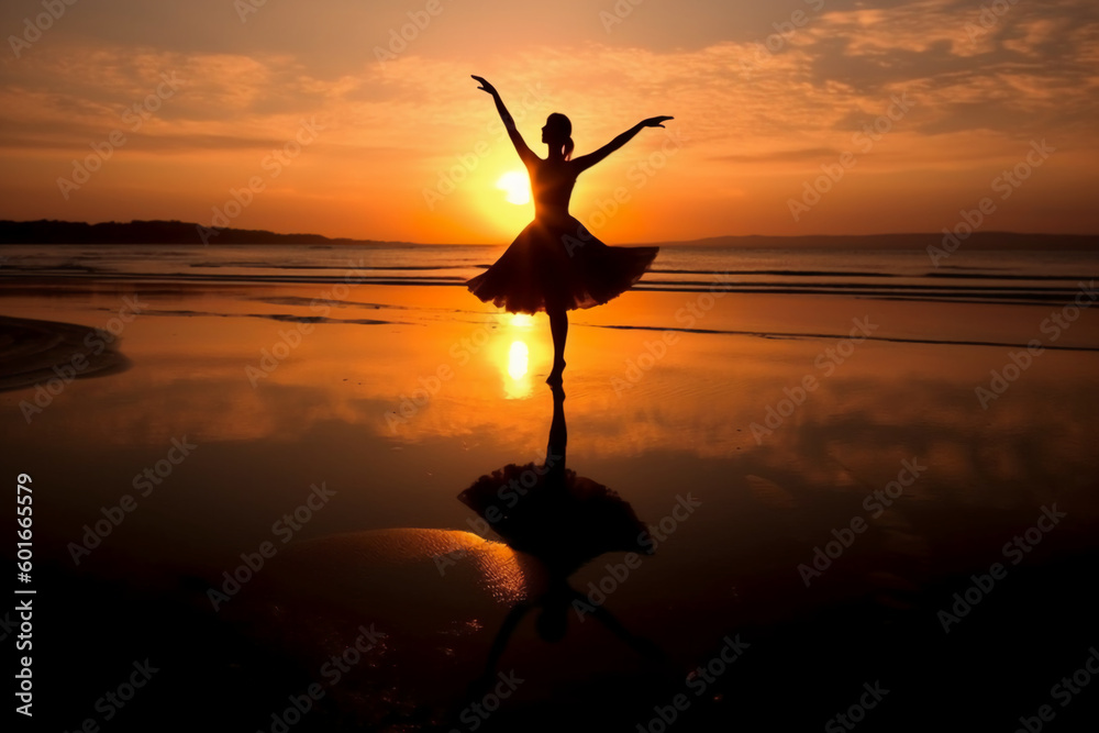 the silhouette of a ballerina on the sunset beach. AI generative