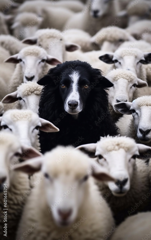 Obraz premium A black sheepdog emerges from the center of a flock of sheep - ai generative