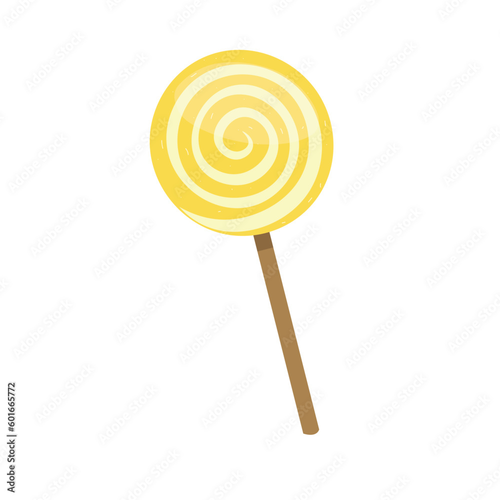 Lollipop candy vector illustration with various spiral and ray patterns. Sweet colorful lollipop candy on stick. Cartoon style. Flat vector isolated on white background. Yellow, lemon taste.